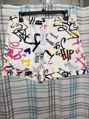 Ovi White Graffiti Print Women’s Shorts with Multicolor Script
